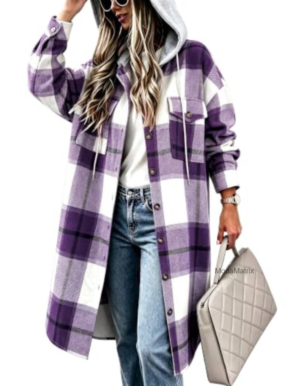 Plaid Flannel Hooded Shacket Oversized Button Front Jacket